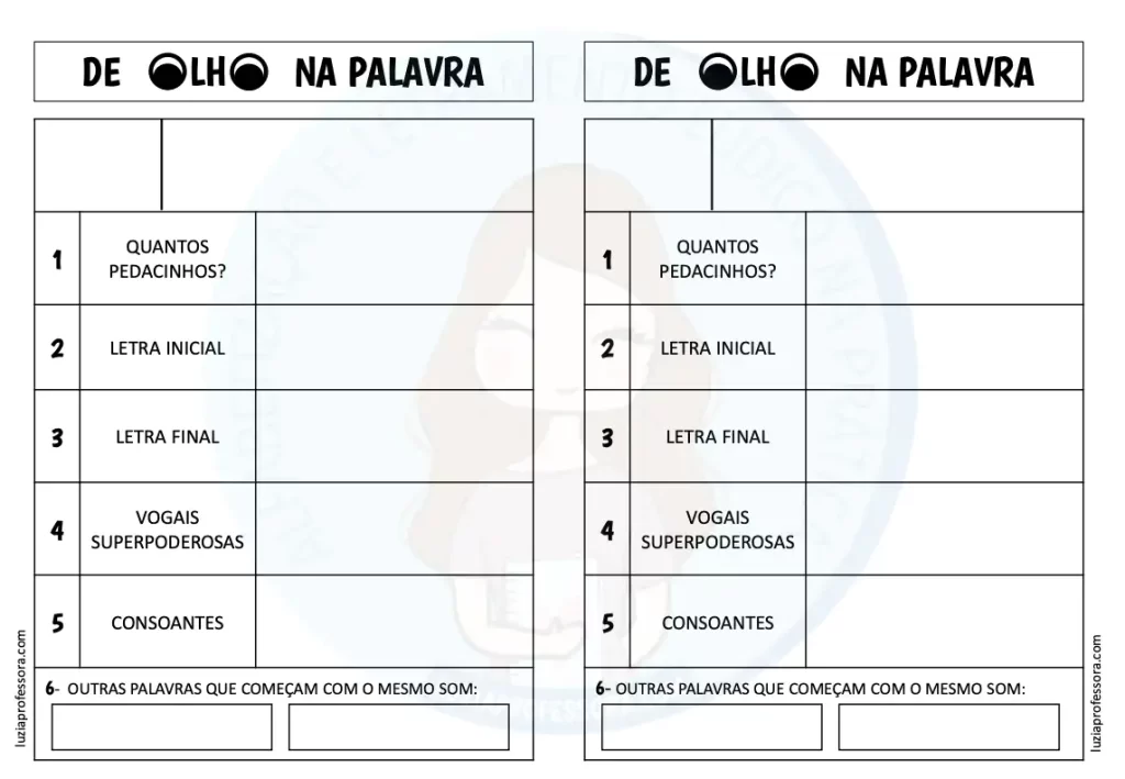 Tabela para sistematização no caderno.