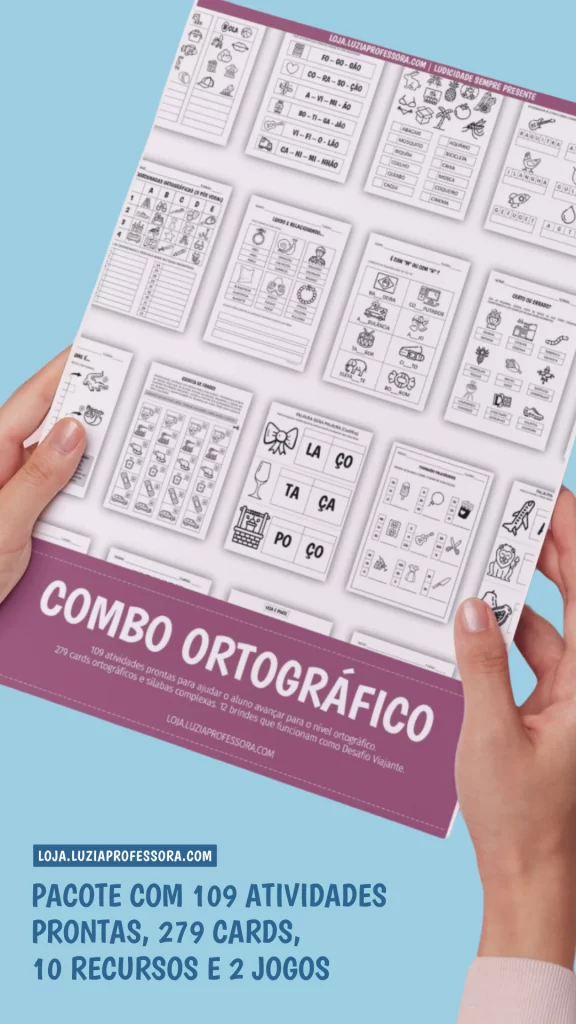 Combo Ortográfico: pacote com atividades prontas, cards, recursos e jogos para ajudar o aluno avançar do nível de escrita alfabético para o nível ortográfico.