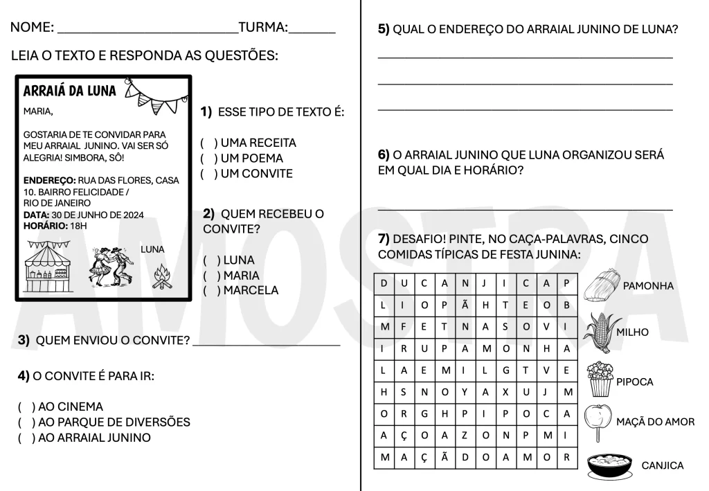 Atividade de alfabetização sobre festa junina